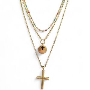 Lucky Brand Lucky Layers Gold-Tone Cross and Bead Triple Layer Necklace